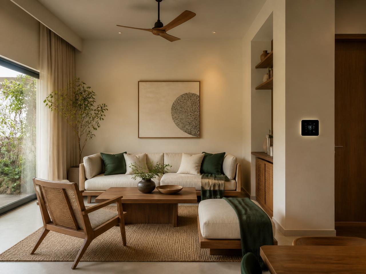 Warm minimal Avyan Homes living room with a discreet smart-home control panel